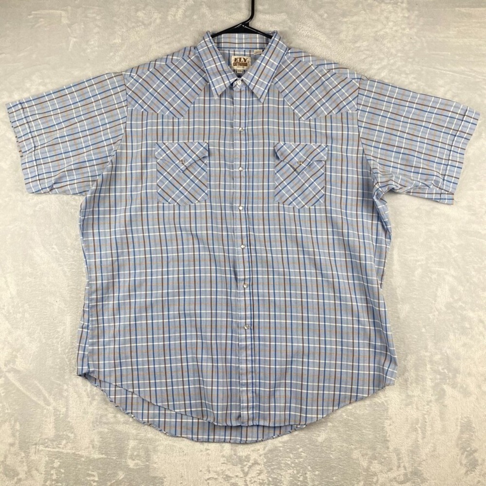 Ely Cattleman Shirt Mens XXL Blue Pearl Snap Plaid Flap Pocket Western Rodeo